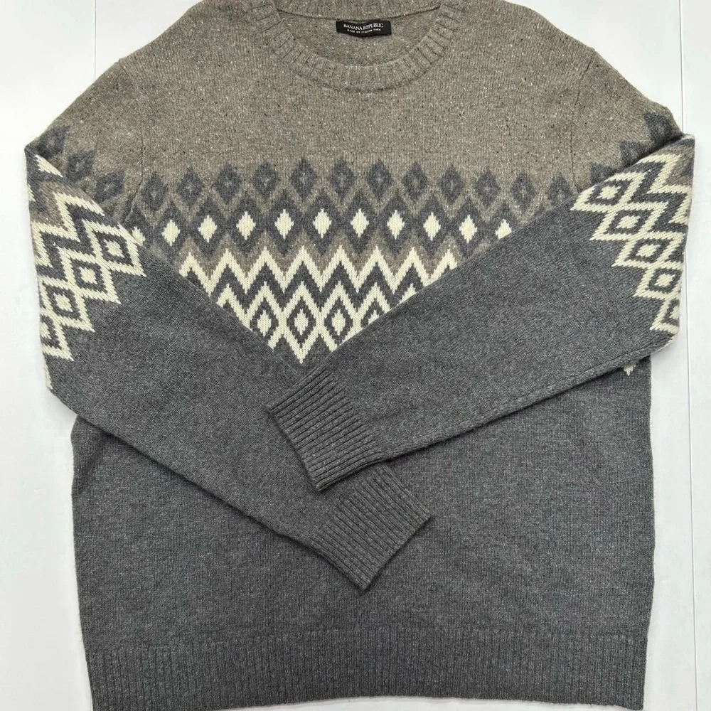 Banana Republic Gray/ Brown Crewneck Sweater Italian Yarn Wool Blend Fairisle